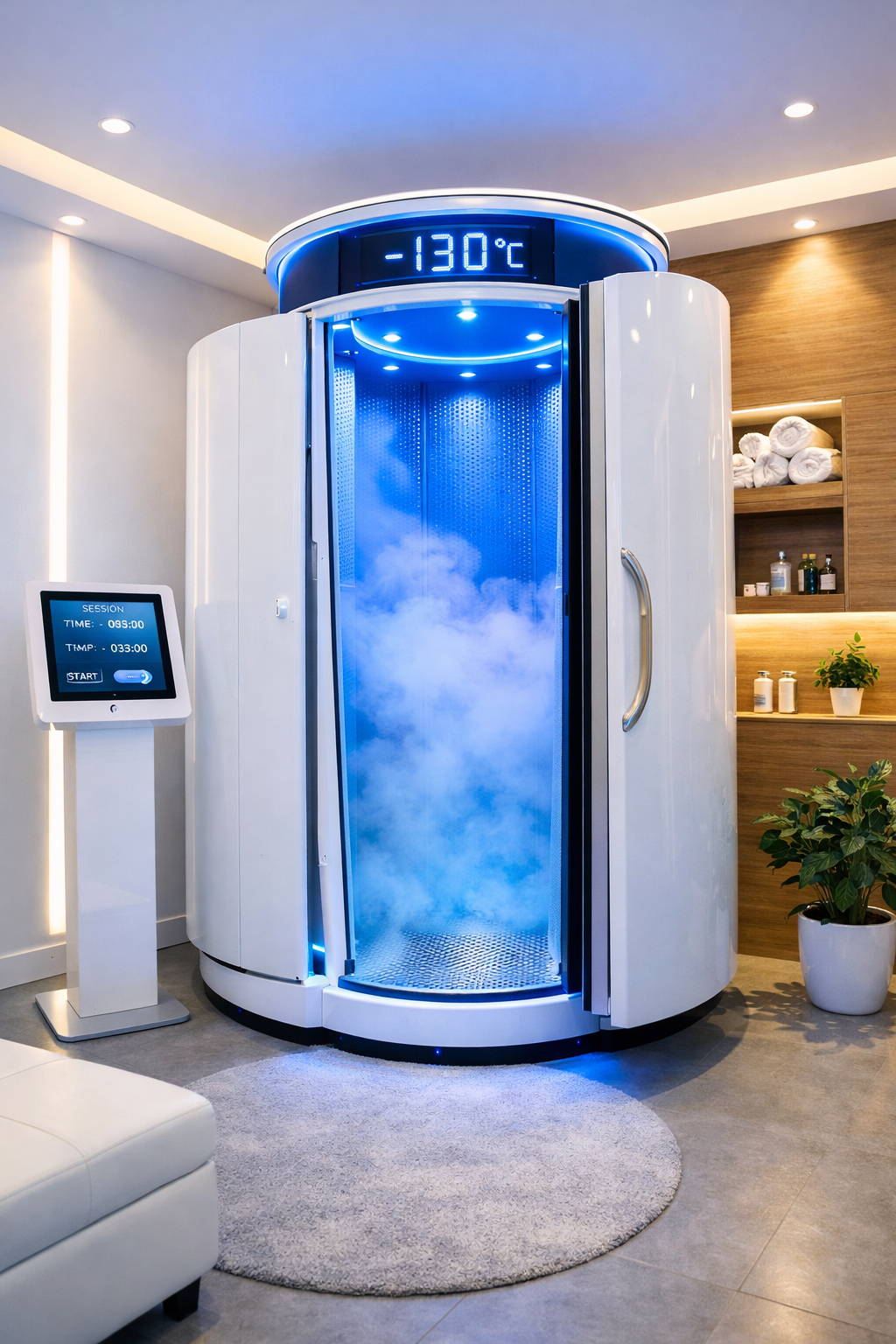 Intérieur d'une cabine de cryothérapie avec un léger brouillard froid