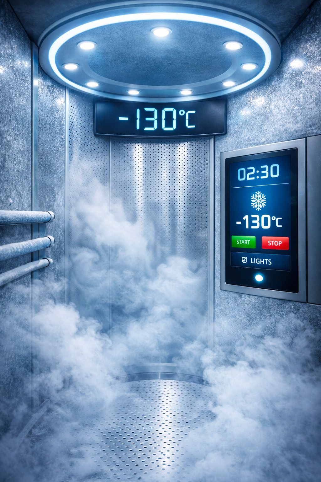 Vue intérieure d'une cabine de cryothérapie avec des contrôles numériques.